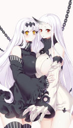 Rule 34 | 10s, 2girls, abyssal ship, aircraft carrier water oni, bad id, bad pixiv id, breasts, claws, detached sleeves, dress, hair ornament, highres, horns, kantai collection, large breasts, long hair, looking at viewer, multiple girls, pale skin, philomelalilium, red eyes, ribbed dress, sailor dress, seaport princess, short dress, single horn, thighhighs, white hair, yellow eyes, zettai ryouiki
