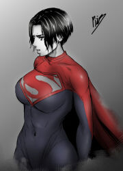 Rule 34 | 1girl, blue bodysuit, bodysuit, breasts, cape, cosplay, covered navel, dc comics, female focus, head tilt, large breasts, navel, original, piero, red cape, short hair, skin tight, solo, spot color, superman, superman (cosplay), superman (series), wide hips