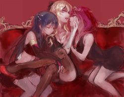 Rule 34 | 10s, 3girls, ayase eli, bare shoulders, blonde hair, blue eyes, blue hair, breasts, closed eyes, crossed legs, detached sleeves, dress, fishnet legwear, fishnets, girl sandwich, gloves, grabbing another&#039;s chin, hair ornament, hand on another&#039;s chin, imminent kiss, long hair, looking at viewer, love live!, love live! school idol project, medium breasts, midriff, multiple girls, navel, nishikino maki, open mouth, red hair, red theme, sandwiched, setsugeka tumugi, short hair, simple background, sonoda umi, thighhighs, white gloves, yuri