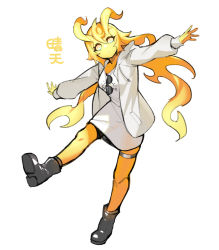 Rule 34 | 1girl, arms up, baniran dorosu, black footwear, blonde hair, boots, breasts, clothes writing, colored sclera, colored skin, drawstring, dress, eyewear hang, female focus, full body, hair between eyes, head tilt, hood, hood down, hooded jacket, horns, jacket, japanese text, leg up, legs, long hair, long sleeves, looking at viewer, medium breasts, monster girl, open clothes, open jacket, open mouth, orange sclera, original, outstretched arms, personification, pocket, ringed eyes, short dress, sidelocks, simple background, skindentation, solo, spread arms, spread legs, standing, standing on one leg, sunglasses, sunny (baniran dorosu), thigh strap, translation request, unworn eyewear, very long hair, white background, white dress, white eyes, white jacket, yellow horns, yellow skin