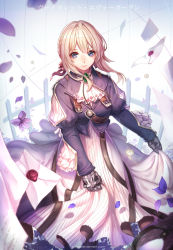 Rule 34 | 10s, 1girl, artist name, ascot, blonde hair, blue eyes, blush, braid, brooch, buckle, character name, closed mouth, copyright name, cropped jacket, dress, feet out of frame, fence, flower, frills, gem, hair ribbon, highres, jacket, jewelry, juliet sleeves, jurrig, letter, long sleeves, looking at viewer, mechanical hands, nose blush, petals, puffy sleeves, purple flower, purple jacket, red ribbon, resolution mismatch, ribbon, short hair with long locks, side braid, sidelocks, single mechanical hand, skirt hold, smile, solo, source smaller, standing, violet evergarden, violet evergarden (series), watermark, web address, white dress