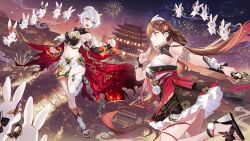 Rule 34 | 2girls, :d, absurdres, architecture, bare shoulders, blue eyes, breasts, brown eyes, brown hair, chinese clothes, cleavage, closed mouth, commentary, east asian architecture, fireworks, full body, highres, holding, holding sword, holding weapon, honkai (series), honkai impact 3rd, jian (weapon), kiana kaslana, kiana kaslana (herrscher of flamescion), lantern, large breasts, li sushang, li sushang (jade knight), lino chang, looking at another, medium breasts, multiple girls, navel, night, night sky, open mouth, outdoors, second-party source, sky, smile, star (sky), starry sky, stomach, sword, temple, weapon, white hair, yin yang