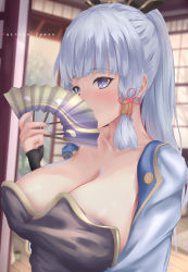 Rule 34 | 1girl, ayaka (genshin impact), blue eyes, blue hair, blue nails, blurry, blush, breasts, cleavage, collarbone, covered mouth, depth of field, folding fan, genshin impact, hair ornament, hand fan, hand up, highres, holding, holding fan, indoors, japanese clothes, large breasts, long hair, long sleeves, nail polish, patreon username, ponytail, solo, upper body, zynxy