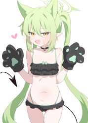Rule 34 | 1girl, absurdres, animal ears, animal hands, bell, bikini, black bikini, black bra, black choker, black gloves, black tail, blue archive, blush, bra, breasts, cat ears, cat paws, choker, collarbone, demon tail, earrings, fang, frilled bikini, frills, gloves, green hair, green halo, hagoonha, hair between eyes, halo, heart, highres, jewelry, jingle bell, long hair, nozomi (blue archive), open mouth, paw gloves, pointy ears, skin fang, small breasts, solo, swimsuit, tail, twintails, underwear, yellow eyes