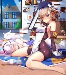 Rule 34 | 2girls, absurdres, azur lane, bare shoulders, barefoot, beret, blonde hair, blue eyes, blush, bottle, bow, breasts, closed eyes, covered navel, day, dress, drunk, elbow gloves, gloves, hair between eyes, hair bow, hair ornament, hairband, hand on own hip, hat, hat bow, highres, huge filesize, indoors, laffey (azur lane), long hair, looking at viewer, lying, medium breasts, multiple girls, open mouth, short hair, sidelocks, sitting, skin tight, sleeping, sleeveless, sonaworld, thighhighs, thighs, twintails, wariza, white gloves, white legwear, z23 (azur lane)