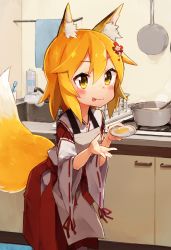 Rule 34 | 1girl, :p, animal ear fluff, animal ears, apron, blonde hair, blush, brush, commentary request, cooking, flower, food, fox ears, fox tail, hair between eyes, hair flower, hair ornament, holding, japanese clothes, kitchen, miko, plate, pot, ribbon-trimmed sleeves, ribbon trim, rimukoro, senko (sewayaki kitsune no senko-san), sewayaki kitsune no senko-san, sink, smile, solo, soup, standing, stove, tail, tasting plate, tongue, tongue out, towel, wide sleeves, yellow eyes
