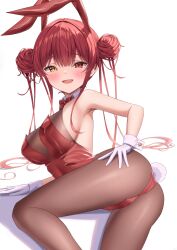 Rule 34 | 1girl, absurdres, bare shoulders, gloves, highres, hololive, houshou marine, kumoru (kumoru 145), leotard, long hair, looking at viewer, playboy bunny, red eyes, smile, solo, virtual youtuber, white gloves, yellow eyes