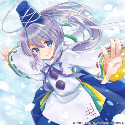 Rule 34 | 1girl, album cover, blizzard, blue eyes, blue hat, blue skirt, check commentary, commentary, commentary request, cover, determined, grey hair, hat, japanese clothes, kariginu, long bangs, long hair, long sleeves, looking at viewer, mononobe no futo, neck ribbon, official art, outstretched arms, pom pom (clothes), ponytail, purple ribbon, ribbon, ribbon-trimmed sleeves, ribbon trim, sally (pacch0614), skirt, sleeves past wrists, smile, snowing, tate eboshi, touhou, touhou cannonball, wide sleeves