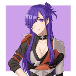 Rule 34 | 1girl, armor, artist request, asymmetrical clothes, breasts, cape, choker, cleavage, closed mouth, earrings, fire emblem, fire emblem: three houses, fire emblem warriors: three hopes, hair bun, hair over one eye, highres, jewelry, large breasts, long hair, looking at viewer, nintendo, purple eyes, purple hair, shez (female) (fire emblem), shez (fire emblem), simple background, single hair bun, smile, solo
