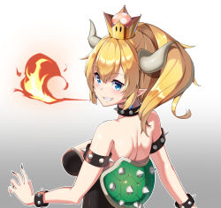 Rule 34 | 1girl, absurdres, armlet, bare shoulders, black nails, blonde hair, blue eyes, blush, bowsette, bracelet, breasts, breath weapon, breathing fire, collar, crown, fire, gradient background, grey background, grin, hair between eyes, highres, horns, jewelry, large breasts, long hair, looking at viewer, looking back, mario (series), nail polish, new super mario bros. u deluxe, nintendo, pointy ears, ponytail, sideboob, simple background, smile, solo, spiked armlet, spiked bracelet, spiked collar, spikes, ssogari, super crown, teeth, upper body, white background