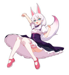 Rule 34 | + +, 1girl, :d, animal ears, blue eyes, dress, fox ears, fox tail, full body, highres, honkai (series), honkai impact 3rd, long hair, looking at viewer, open mouth, panties, pink footwear, shoes, short sleeves, side ponytail, simple background, smile, solo, tail, theresa apocalypse, theresa apocalypse (sakuno rondo), thighhighs, underwear, white background, white dress, white hair, white panties, white thighhighs, xiang he he qunzi