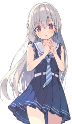 Rule 34 | 1girl, :o, absurdres, bare shoulders, blue dress, blush, diagonal-striped clothes, diagonal-striped neckwear, dougi, dress, earrings, grey hair, hair between eyes, hands up, highres, jewelry, looking at viewer, original, parted lips, pleated dress, red eyes, sailor collar, sailor dress, simple background, sleeveless, sleeveless dress, solo, steepled fingers, striped clothes, striped neckwear, white background, white sailor collar, zoirun