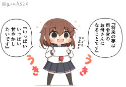 Rule 34 | 1girl, black sailor collar, black skirt, black thighhighs, brown eyes, brown hair, chibi, commentary request, full body, goma (yoku yatta hou jane), hair ornament, hairclip, ikazuchi (kancolle), kantai collection, neckerchief, open mouth, paper, pleated skirt, red neckerchief, sailor collar, school uniform, serafuku, short hair, simple background, skirt, solo, standing, thighhighs, translation request, twitter username, wavy mouth, white background