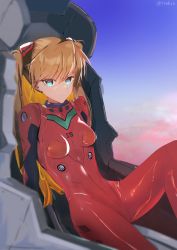 Rule 34 | 1girl, absurdres, artist request, ass, bodysuit, breasts, curvy, expressionless, hair ornament, highres, long hair, looking at viewer, medium breasts, neon genesis evangelion, pilot suit, plugsuit, sitting, skin tight, sky, solo, souryuu asuka langley, spread legs, standing, very long hair, wide hips