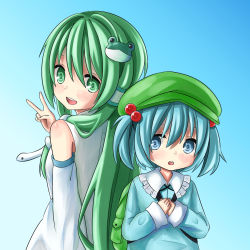 Rule 34 | 2girls, back-to-back, backpack, bag, blue background, blue eyes, blue hair, blush stickers, detached sleeves, dress, frog hair ornament, gradient background, green eyes, green hair, hair bobbles, hair ornament, hair tubes, hands on own chest, hat, highres, kawashiro nitori, kochiya sanae, long hair, long sleeves, looking at viewer, looking back, multiple girls, open mouth, own hands together, sabutarein, short hair, simple background, snake hair ornament, touhou, twintails, two side up, v