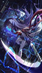 Rule 34 | 1girl, ahoge, armband, blue butterfly, bug, butterfly, detached sleeves, floating, floating clothes, floating hair, from side, hair between eyes, highres, holding, holding behind back, holding scythe, honkai: star rail, honkai (series), insect, long hair, looking at viewer, open mouth, purple eyes, purple hair, purple scarf, purple shorts, purple sleeves, red armband, scarf, scythe, seele (honkai: star rail), short shorts, shorts, sidelocks, solo, swept bangs, very long hair, watermark, yo-ba yo