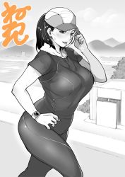 Rule 34 | 1girl, black hair, blush, breasts, clothes, exercising, fur, hat, heavy breathing, jogging, large breasts, leggings, neone, ponytail, shirt, sweat, sweatdrop, watch