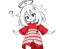 Rule 34 | 1girl, ?, blush, chestnut mouth, genshin impact, hair between eyes, hair ornament, halo, head tilt, highres, long sleeves, looking at viewer, open mouth, outstretched arms, oversized clothes, oversized shirt, paimon (genshin impact), red shirt, ruri-hari, shirt, short hair, short sleeves, simple background, solo, spread arms, t-shirt, tenga, trait connection, white background, white hair