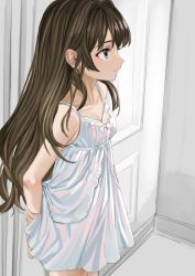 Rule 34 | 1girl, arm behind back, arm grab, bare arms, bare shoulders, blue eyes, breasts, brown hair, closed mouth, collarbone, door, dress, elisia valfelto, eyebrows hidden by hair, hair between eyes, hair intakes, highres, indoors, long hair, looking away, luicent, original, photo-referenced, sleeveless, sleeveless dress, small breasts, solo, standing, very long hair, white dress