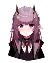 Rule 34 | 1girl, absurdres, arknights, beudelb, blush, braid, demon horns, ears down, highres, horn ornament, horns, jacket, lava (arknights), lava the purgatory (arknights), long hair, necktie, official alternate costume, open clothes, open jacket, pointy ears, purple eyes, purple hair, simple background, solo, upper body, white background