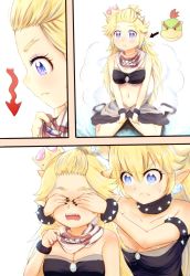 Rule 34 | 2girls, 3koma, absurdres, arrow (symbol), bangs pinned back, bib, black dress, black nails, black skirt, blue eyes, blush, borrowed character, bowser jr., bowsette, bowsette jr., bracelet, breasts, brooch, cleavage, collar, comic, covering another&#039;s eyes, dress, expressionless, fang, fang out, fingernails, from side, frown, genderswap, genderswap (mtf), hair between eyes, hair tie, highres, horns, icarus (2010741), jewelry, long hair, looking down, mario (series), mother and daughter, multiple girls, nail polish, navel, new super mario bros. u deluxe, nintendo, open mouth, parody, pointy ears, purple eyes, sharp fingernails, short hair, sidelocks, sitting, skirt, smoke, spiked bracelet, spiked collar, spikes, strapless, strapless dress, super crown, thighs, upper body, very long hair, wariza, white footwear