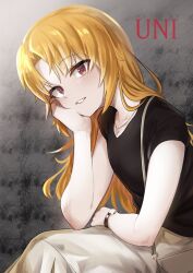 Rule 34 | 1girl, akatsuki uni, ankoku kishi m, bag, black shirt, blonde hair, blush, character name, elbow rest, feet out of frame, from side, grey background, head rest, head tilt, highres, jewelry, long hair, looking at viewer, parted bangs, parted lips, pendant, red eyes, shirt, short sleeves, shoulder bag, sitting, skirt, smile, solo, t-shirt, uni create, virtual youtuber, watch, white skirt