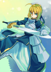 Rule 34 | 1girl, ahoge, armor, armored dress, artoria pendragon (fate), blonde hair, dress, excalibur (fate/stay night), fate/stay night, fate (series), faulds, gauntlets, green eyes, hair ribbon, highres, lamian (pixiv415608), puffy sleeves, ribbon, saber (fate), solo, sword, weapon