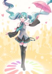 Rule 34 | 1girl, absurdres, arm up, blue eyes, blue hair, blush, boots, collared shirt, detached sleeves, floating hair, flower, hair flower, hair ornament, hatsune miku, heart, highres, holding, holding umbrella, long hair, long sleeves, melt (vocaloid), melting, nagitofuu, necktie, open mouth, pleated skirt, rainbow gradient, shirt, skirt, sleeveless, sleeveless shirt, smile, solo, thigh boots, twintails, umbrella, very long hair, vocaloid