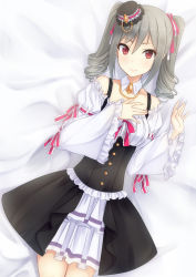 Rule 34 | 10s, 1girl, bare shoulders, bed sheet, brown eyes, detached collar, dress, drill hair, grey hair, hat, idolmaster, idolmaster cinderella girls, jewelry, kanzaki ranko, looking at viewer, md5 mismatch, necklace, resolution mismatch, shuuichi, smile, solo, source larger, twin drills