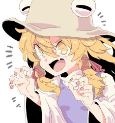Rule 34 | 1girl, banana takemura, blonde hair, breasts, brown hat, claw pose, commentary request, hair between eyes, hair ribbon, hands up, hat, highres, long hair, long sleeves, moriya suwako, one-hour drawing challenge, purple vest, red ribbon, ribbon, shirt, simple background, small breasts, solo, touhou, tress ribbon, upper body, vest, white background, white shirt, wide sleeves, yellow eyes