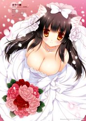 Rule 34 | 1girl, animal ears, black hair, blush, bouquet, bow, breasts, brown eyes, cat ears, cleavage, collarbone, dated, dress, flower, hair bow, hair flower, hair ornament, jewelry, konbu (nyatto!), large breasts, long hair, looking at viewer, md5 mismatch, necklace, nyatto, nyatto! (manga), original, petals, shigunyan, smile, solo, veil, wedding dress