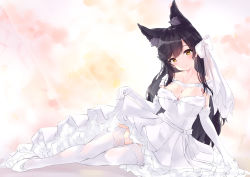 Rule 34 | 1girl, absurdres, alternate costume, animal ear fluff, animal ears, arm support, atago (azur lane), azur lane, black hair, blush, breasts, bridal veil, brown eyes, closed mouth, commentary request, dress, elbow gloves, extra ears, gloves, head tilt, high heels, highres, jewelry, large breasts, long hair, looking at viewer, lying, minikon, mole, mole under eye, pumps, ribbon, ring, smile, solo, sparkle, swept bangs, thighhighs, veil, wedding band, wedding dress, white dress, white footwear, white ribbon, white thighhighs