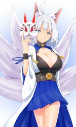 Rule 34 | 1girl, animal ears, azur lane, blue eyes, breasts, cleavage, commentary request, eyeshadow, fox ears, fox mask, fox tail, highres, holding, japanese clothes, kaga (azur lane), large breasts, looking at viewer, makeup, mask, multiple tails, pleated skirt, short hair, shun (aptx4869-shellingford), skirt, smile, solo, standing, tail, white hair