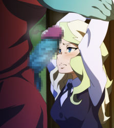 Rule 34 | 1boy, 1girl, censored, diana cavendish, fellatio, highres, imminent fellatio, imminent rape, interspecies, large penis, little witch academia, long hair, mosaic censoring, oral, penis, penis awe, penis on face, rape