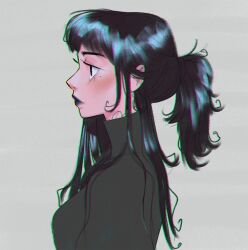 Rule 34 | 1girl, black eyes, black hair, black lips, black sweater, from side, grey background, highres, isabel (chabeescalante), lipstick, long hair, looking to the side, makeup, original, profile, side ponytail, simple background, solo, sweater, turtleneck, turtleneck sweater, upper body