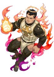 Rule 34 | 1boy, absolum art, bara, black bodysuit, black hair, bodysuit, bulge, facial hair, fire, flaming halo, from above, full body, halo, large pectorals, male focus, muscular, pectorals, pelvic curtain, short hair, skin tight, solo, stubble, thick thighs, thighs, tokyo houkago summoners, white background, yellow eyes, zabaniyya (housamo)