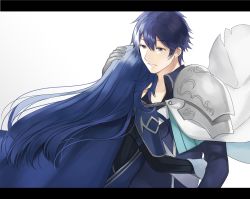 Rule 34 | 1boy, 1girl, armor, aym (ash3ash3ash), blue eyes, blue hair, cape, chrom (fire emblem), commentary request, closed eyes, father and daughter, fire emblem, fire emblem awakening, gloves, hug, letterboxed, long hair, lucina (fire emblem), nintendo, open mouth, short hair, simple background, smile, sword, tiara, weapon