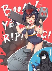 Rule 34 | ..., 10s, 2girls, ^^^, abyssal ship, asymmetrical hair, bad id, bad pixiv id, black hair, blush, bow, bowtie, breasts, closed eyes, commentary request, dual wielding, framed breasts, gloves, hair between eyes, hat, headphones, holding, holding weapon, i-13 (kancolle), kantai collection, military, military vehicle, motor vehicle, multiple girls, northernmost landing princess, open mouth, partially fingerless gloves, rocket launcher, sailor collar, school swimsuit, short hair, single glove, smile, special type 2 launch ka-mi, spoken ellipsis, swimsuit, tank, tearing up, tears, weapon, wulazula
