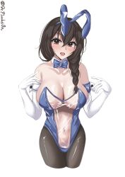 Rule 34 | 1girl, animal ears, black pantyhose, blue bow, blue bowtie, bow, bowtie, breasts, cowboy shot, detached collar, dr.plankton, elbow cuffs, elbow gloves, gloves, highres, kantai collection, large breasts, leotard, long hair, looking at viewer, meme attire, nontraditional playboy bunny, pantyhose, playboy bunny, rabbit ears, see-through clothes, see-through leotard, shigure (kancolle), side-tie leotard, solo, strapless, strapless leotard, traditional bowtie, translucent bunnysuit, twitter username, white background, white gloves