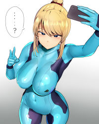 Rule 34 | ..., 1girl, ?, absurdres, blonde hair, bodysuit, breasts, cellphone, cleavage, commentary request, covered erect nipples, covered navel, expressionless, eyebrows, hair tie, half-closed eyes, highres, holding, holding phone, impossible bodysuit, impossible clothes, kedamono kangoku-tou, large breasts, metroid, metroid: zero mission, nintendo, phone, ponytail, samus aran, selfie, sidelocks, simple background, skin tight, smartphone, solo, spoken ellipsis, spoken question mark, v, zero suit