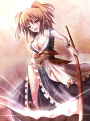 Rule 34 | 1girl, breasts, cleavage, dress, female focus, gradient background, large breasts, non (nobu), onozuka komachi, red eyes, red hair, scythe, short hair, solo, touhou, twintails, two side up