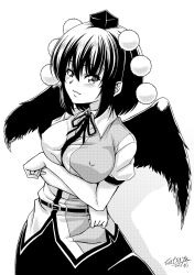 Rule 34 | 1girl, blush, closed mouth, collared shirt, covered erect nipples, cowboy shot, crossed arms, feathered wings, greyscale, hair between eyes, hat, looking at viewer, medium hair, monochrome, neck ribbon, pom pom (clothes), puffy short sleeves, puffy sleeves, ribbon, shameimaru aya, shirt, short sleeves, simple background, skirt, solo, tatsuya (guild plus), tokin hat, touhou, wings