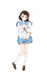 Rule 34 | 10s, 1girl, brown eyes, brown hair, full body, hands on own chest, highres, loafers, long legs, looking at viewer, miniskirt, necktie, nisekoi, official art, onodera kosaki, own hands clasped, own hands together, school uniform, shoes, short hair, skirt, smile, socks, solo, sugiyama nobuhiro, transparent background, white socks