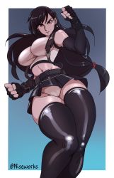 Rule 34 | 1girl, artist name, bare shoulders, black gloves, black hair, black skirt, black thighhighs, blue background, border, breasts, closed mouth, crop top, earrings, elbow gloves, final fantasy, final fantasy vii, fingerless gloves, gloves, gradient background, highres, jewelry, large breasts, long hair, looking at viewer, midriff, miniskirt, navel, nisego, panties, red eyes, skirt, solo, thick thighs, thighhighs, thighs, tifa lockhart, underwear, upskirt, white border, white panties