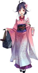 Rule 34 | 10s, 1girl, ahoge, bag, blush, floral print, flower, full body, fur trim, hair flower, hair ornament, japanese clothes, kantai collection, kimono, kujou ichiso, long sleeves, looking at viewer, new year, official art, open mouth, propeller, red eyes, red ribbon, ribbon, ryuuhou (kancolle), sandals, sash, sidelocks, socks, solo, standing, taigei (kancolle), teeth, torpedo, transparent background, white background, white socks, wide sleeves
