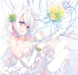 Rule 34 | animal ears, bare shoulders, blush, breasts, cat, dress, elbow gloves, gloves, looking at viewer, original, pantyhose, reia, short hair, solo, thighhighs, wedding dress, white gloves, white hair, white thighhighs