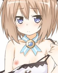 Rule 34 | bad id, bad twitter id, blanc (neptunia), blue eyes, blush, breasts, brown hair, cleavage, clothes pull, dress, dress pull, jewelry, lowres, necklace, neptune (series), nipples, niwaka potato, short hair, small breasts, solo, white dress