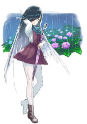 Rule 34 | 1girl, black hair, boots, bow, bowtie, brown hair, closed umbrella, commentary request, cross-laced footwear, flower, full body, grey pantyhose, hair over one eye, halterneck, hayashimo (kancolle), holding, holding umbrella, hydrangea, kantai collection, lace-up boots, long hair, matsutani, pantyhose, rain, red eyes, school uniform, shirt, solo, standing, umbrella, white shirt