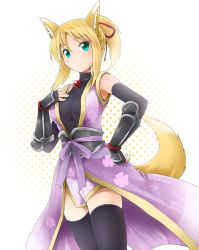 Rule 34 | 10s, 1girl, animal ears, armor, armpits, bad id, bad pixiv id, black thighhighs, blonde hair, breast suppress, detached sleeves, dog days, dress, elbow gloves, fingerless gloves, fox ears, fox tail, from below, gauntlets, gloves, green eyes, hair ornament, hair ribbon, halftone, halftone background, hand on another&#039;s chest, hand on own hip, hip focus, jewelry, michii yuuki, necklace, ponytail, purple dress, ribbon, shirt, simple background, solo, tail, thighhighs, vambraces, yukikaze panettone, zettai ryouiki