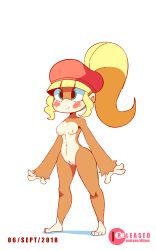 Rule 34 | 1girl, animated, animated gif, ape, artist name, banana, barefoot, blinking, blonde hair, blue eyes, blush, bouncing breasts, breasts, cleft of venus, clenched hands, dated, diives, dixie kong, donkey kong (series), donkey kong country, english text, feet, female focus, food, fruit, full body, furry, furry female, hands up, happy, hat, highres, jumping, long hair, medium breasts, navel, nintendo, nipples, nude, patreon logo, patreon username, ponytail, pussy, red hat, shirt, simple background, sleeveless, sleeveless shirt, smile, solo, speech bubble, standing, teeth, uncensored, watermark, white background